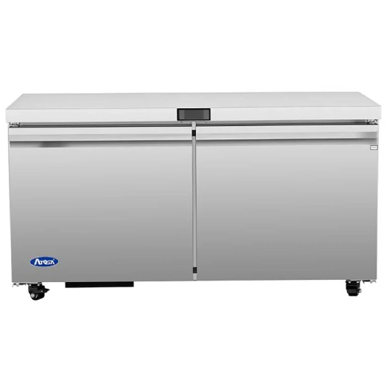 Atosa AUR60SD 60-inch stainless steel refrigerated work table with two swing doors and no backsplash, front view