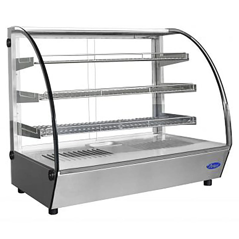 Atosa CHDC-44 28-inch countertop heated food warmer with curved glass and tiered display shelves, angled view