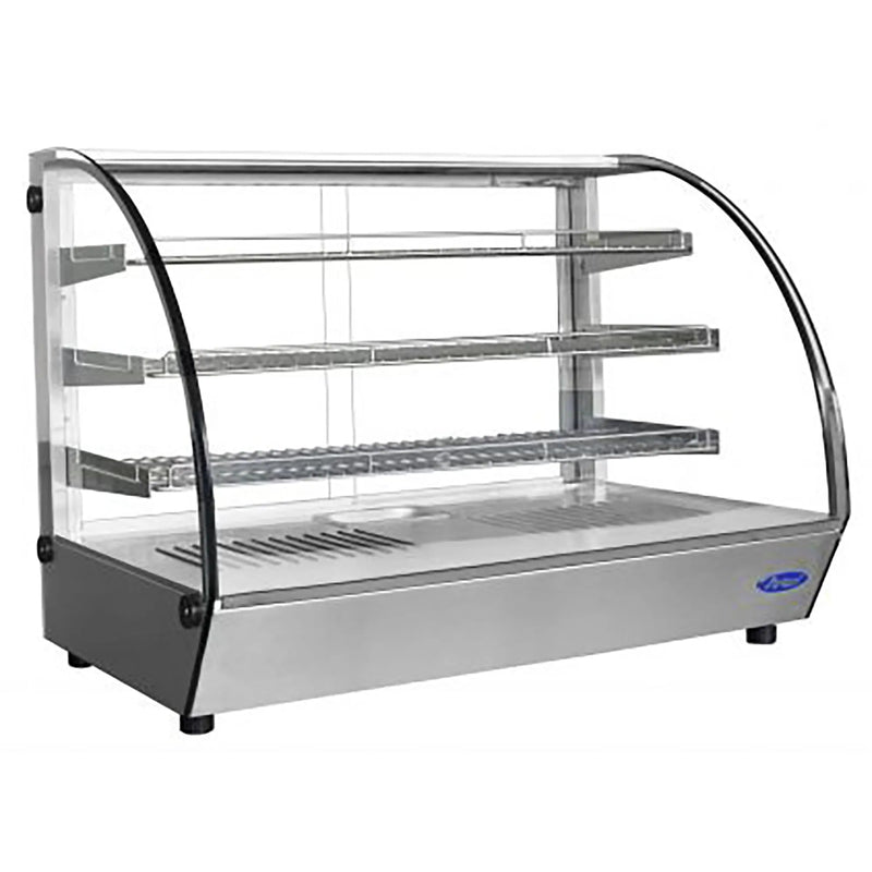 Atosa CHDC-56 36-inch countertop heated food warmer with curved glass and tiered display shelves, angled view