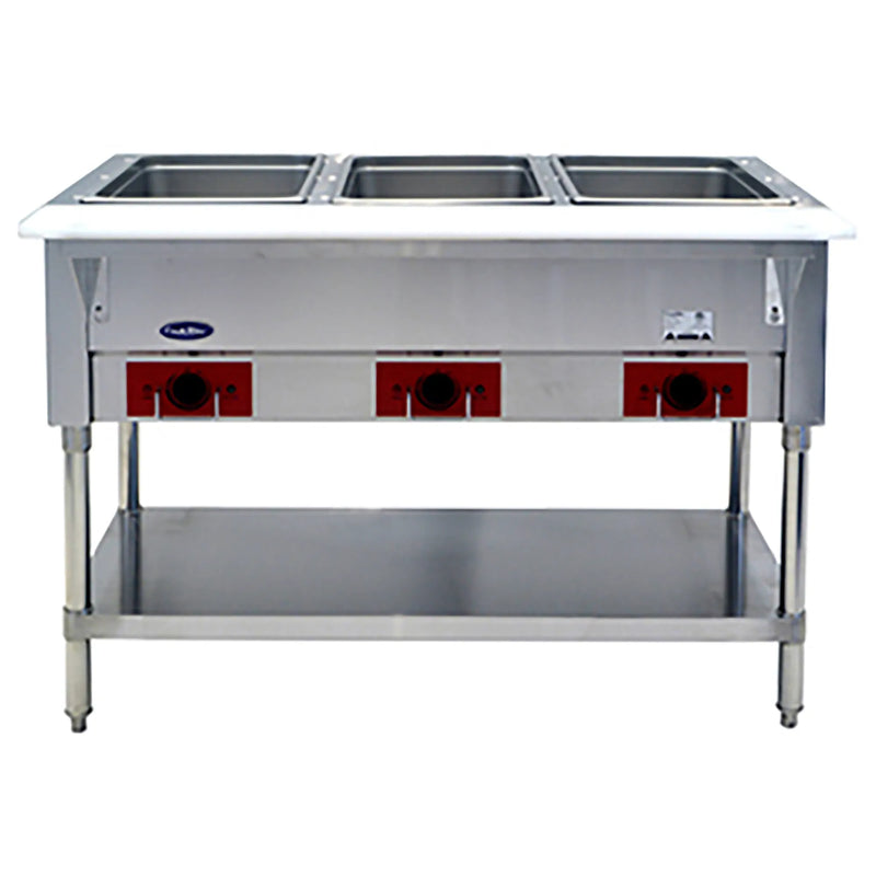 Atosa CSTEA-3C 3-well electric steam table in stainless steel with individual controls and undershelf, 120V