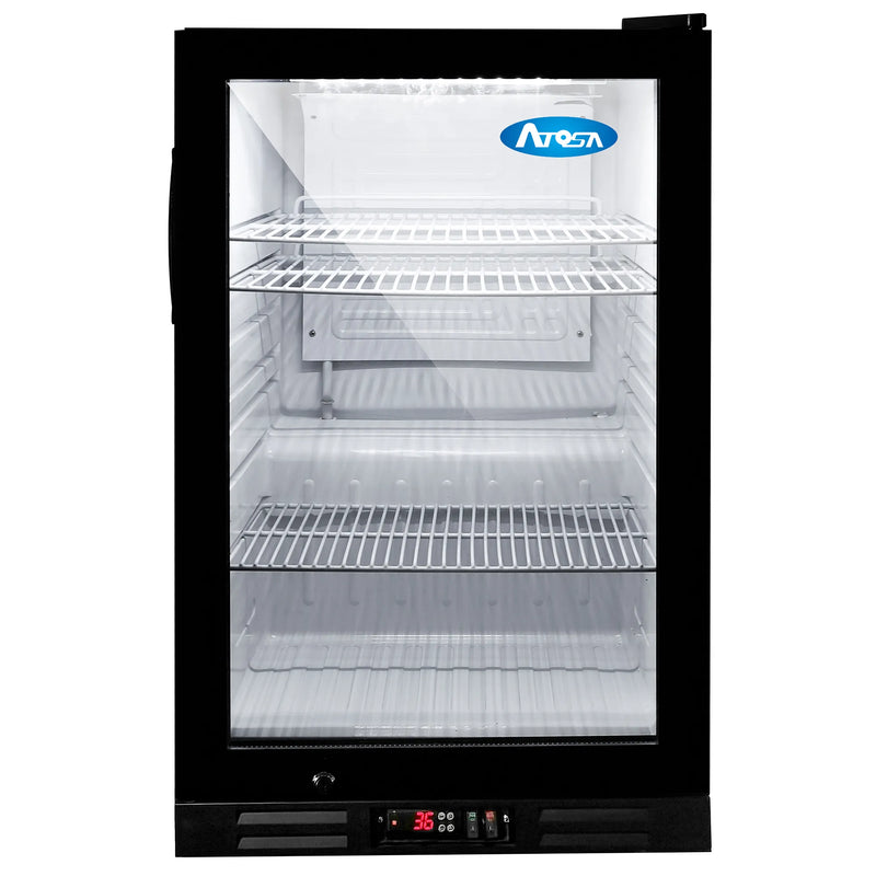 Atosa CTD-5T 21-inch black countertop display refrigerator with single glass door and wire shelves, front view