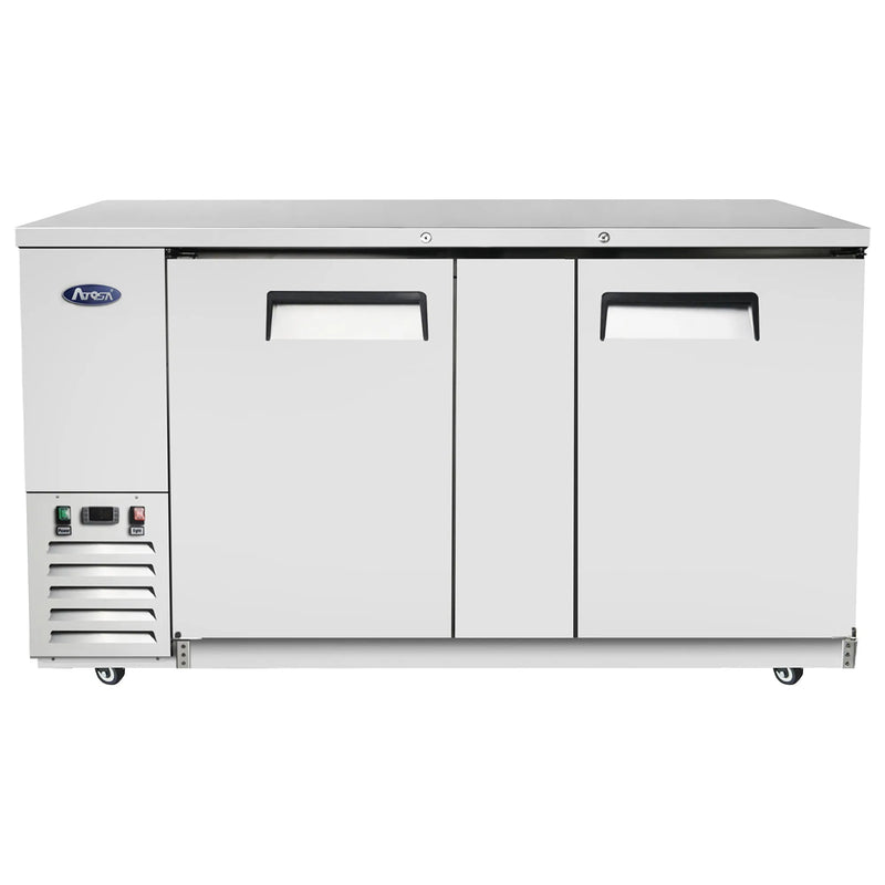 Atosa MBB69GR 69-inch stainless steel back bar cooler with double solid doors, front view