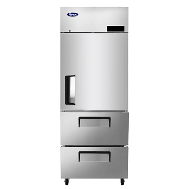 Atosa MBF8022GR 29-inch stainless steel reach-in refrigerator with top solid door and two bottom drawers