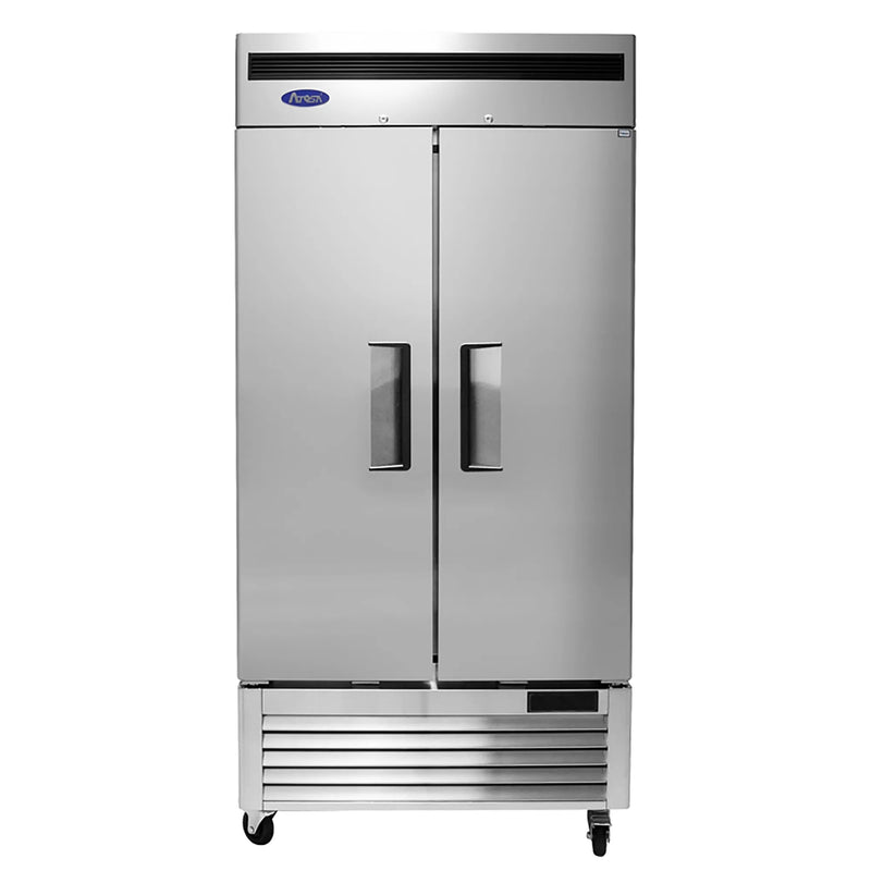 Atosa MBF8502GR 40-inch double solid door stainless steel reach-in freezer on casters, front view