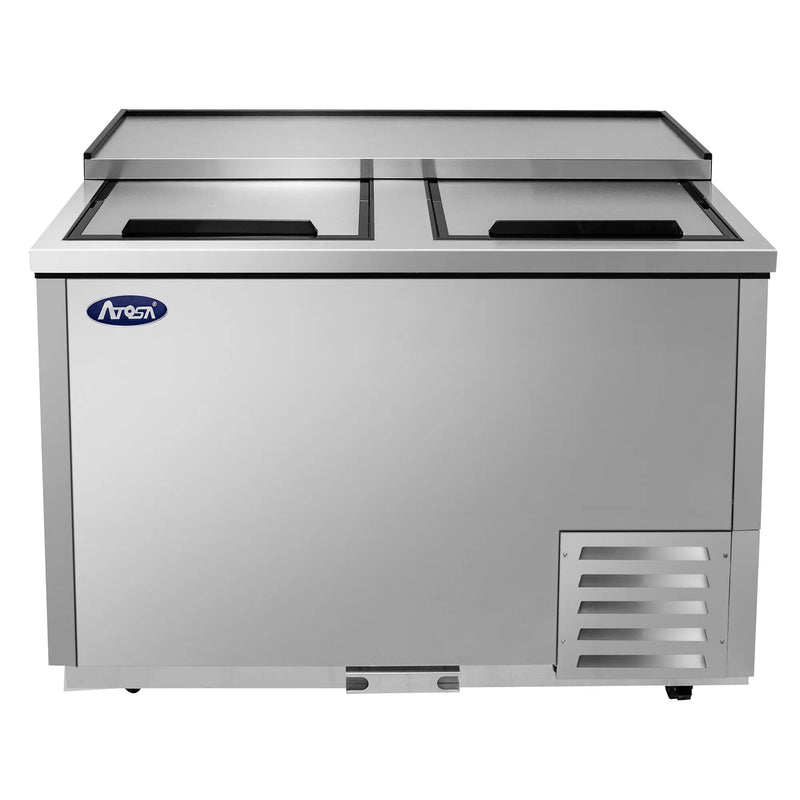 Atosa MBGF48GR 48-inch stainless steel commercial glass froster with two sliding top lids, angled view