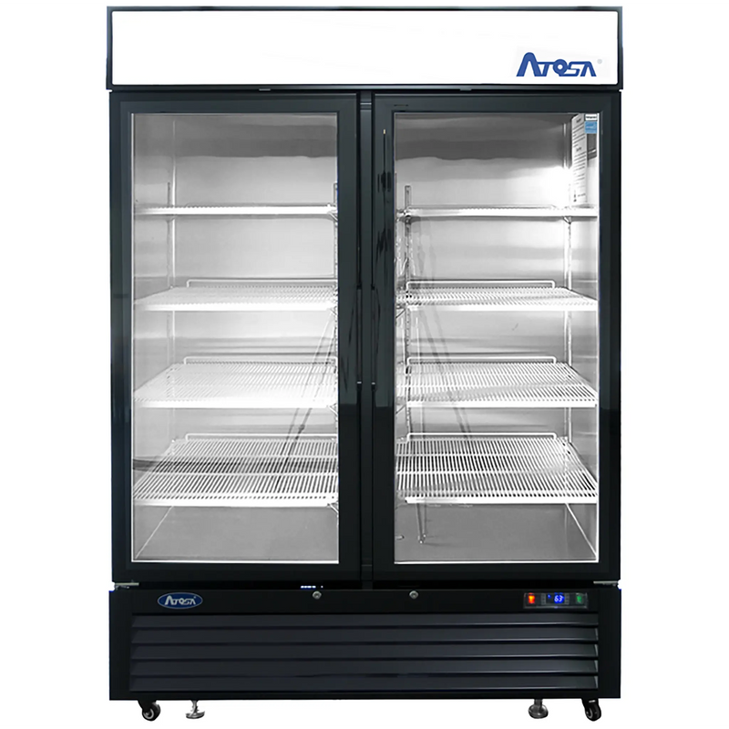 Atosa MCF8721ES 54-inch double glass door black merchandiser display freezer with LED lit interior, front view