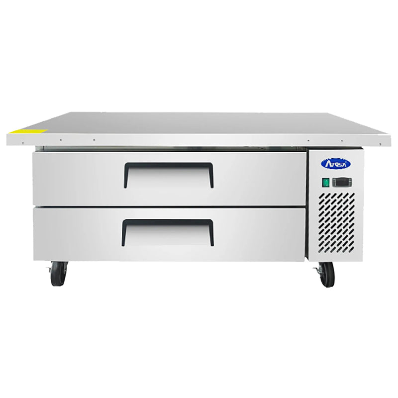 Atosa MGF8451GR 52-inch two drawer stainless steel refrigerated chef base on casters, front view