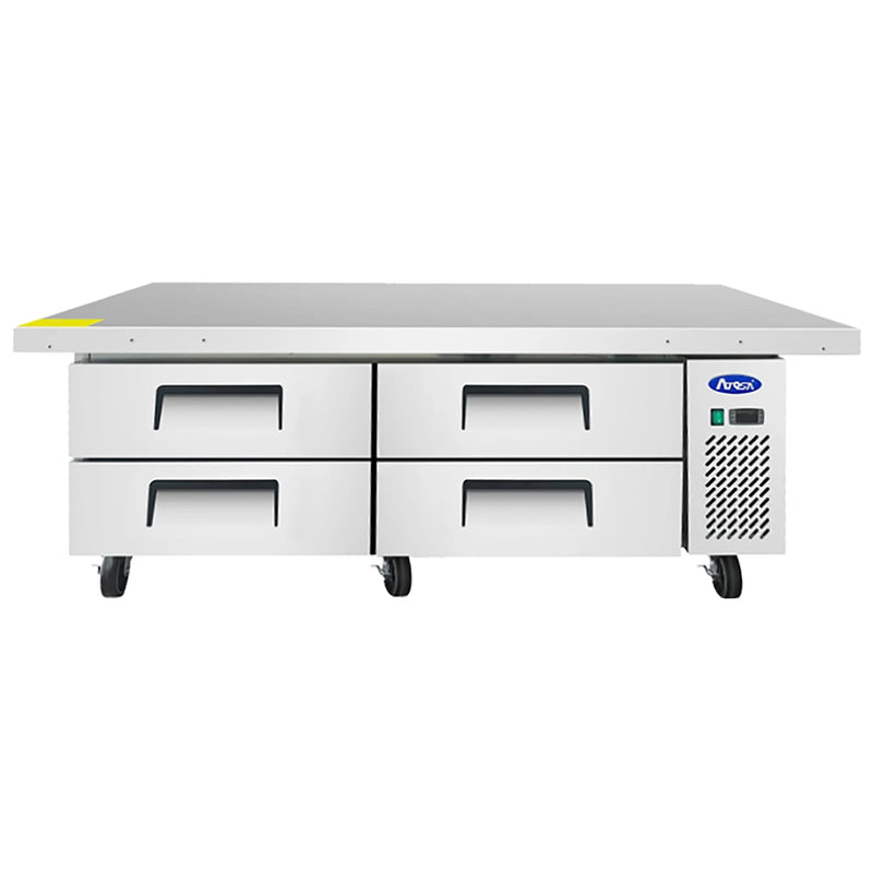 Atosa MGF8454GR 76-inch four drawer stainless steel refrigerated chef base on casters, front view