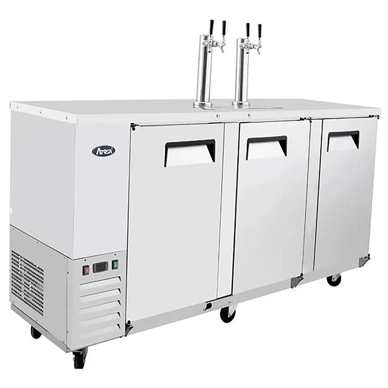 Atosa MKC90GR 90-inch triple door stainless steel keg beer dispensing cooler with tap towers, angled view