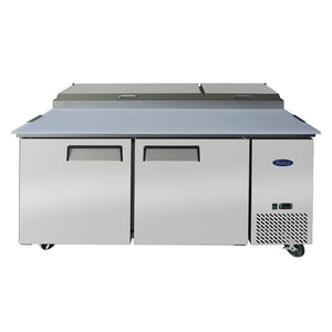 Atosa MPF8202GR 67-inch double door stainless steel refrigerated pizza prep table with cutting board, front view