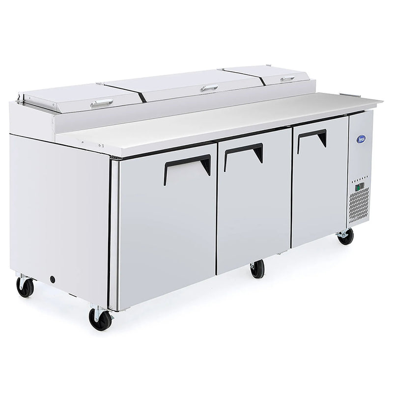 Atosa MPF8203GR 93-inch triple door stainless steel refrigerated pizza prep table with lid closed, angled view