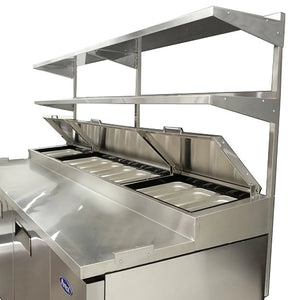 Atosa MROS-67P stainless steel double overshelf mounted above a 67-inch refrigerated pizza prep table