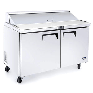 Atosa MSF3610GR 36-inch double door stainless steel refrigerated sandwich prep table with lid closed, angled view