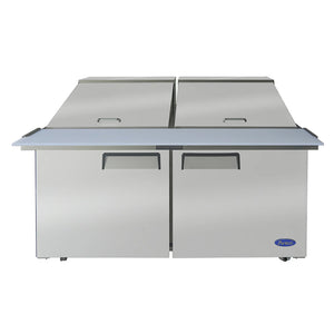 Atosa MSF8307GR 60-inch double door stainless steel refrigerated mega top sandwich prep table with lid closed, front view