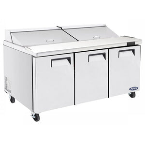 Atosa MSF8308GR 72-inch triple door refrigerated mega top sandwich prep table on casters with lid closed, angled view