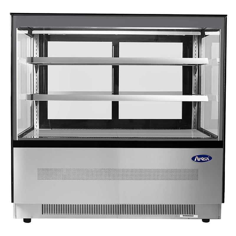 Atosa RDCS-48 48-inch square glass two tier refrigerated pastry display case with stainless steel base, front view