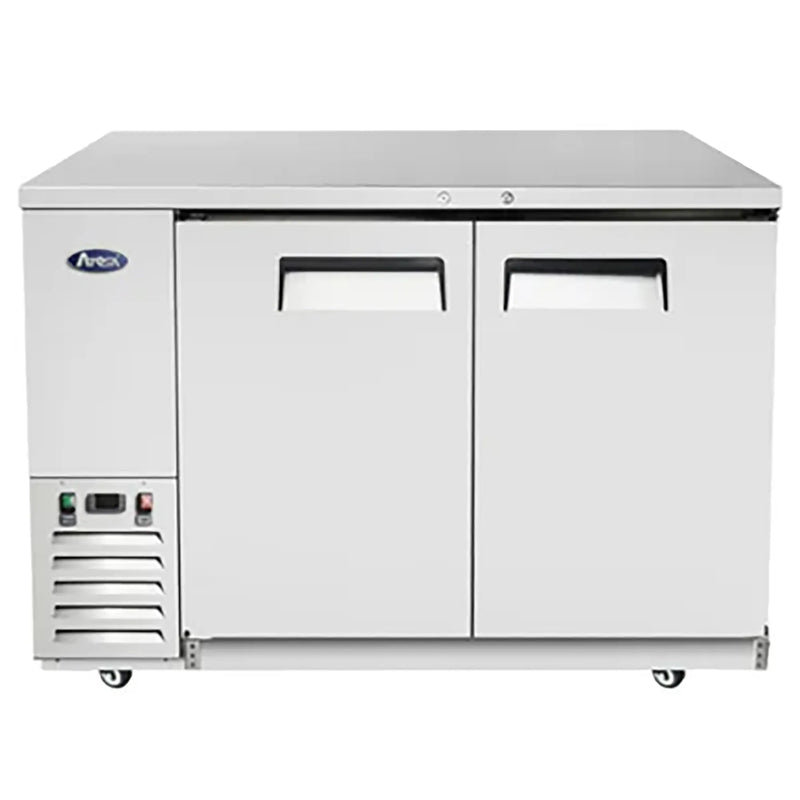 Atosa SBB59GRAUS 59-inch shallow depth stainless steel back bar cooler with two solid swing doors, front view