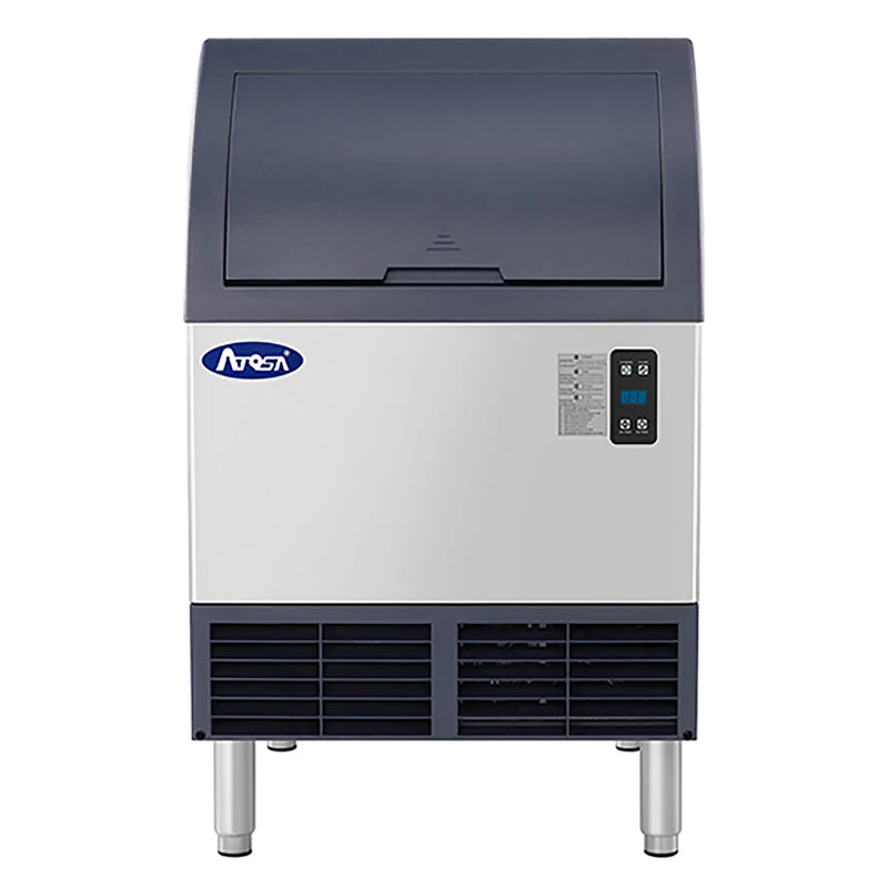 Atosa YRU0140A-161 undercounter cube ice machine with navy blue lid and stainless steel front, 142 lb per day