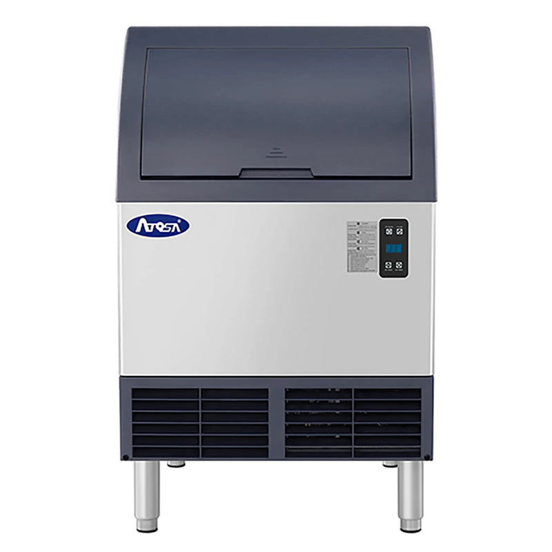 Atosa YRU0280A-161 undercounter cube ice machine with navy blue lid and stainless steel front, 280 lb per day