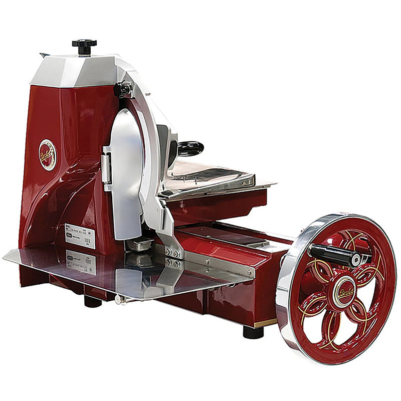 Berkel 330M-STD manual prosciutto flywheel slicer with 13-inch blade, red finish with chrome flywheel, side view