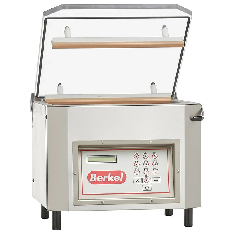 Berkel 350D-STD chamber vacuum sealing machine, stainless steel with clear lid open and digital keypad, front view
