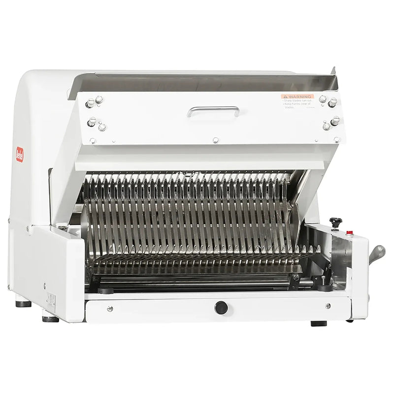 Berkel MB Series bread slicer in white with stainless steel blade frame and slicing guides, angled front view