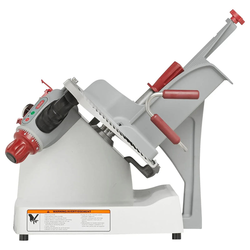 Berkel X13-PLUS manual aluminum meat slicer with 13-inch blade and red controls, operator side view