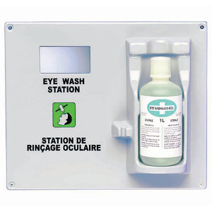 Bios 04066 professional eye wash station, white wall mount panel with bilingual signage and bottle of eye wash solution