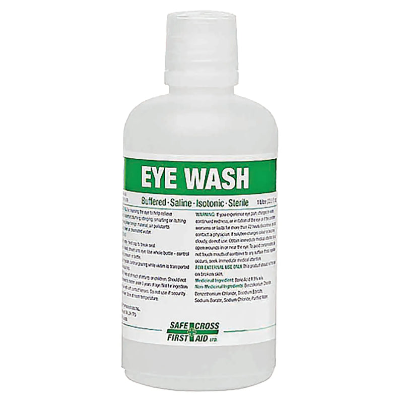 Bios 04077 eye wash solution, 32 oz white plastic bottle with green Eye Wash label and white screw cap, front view