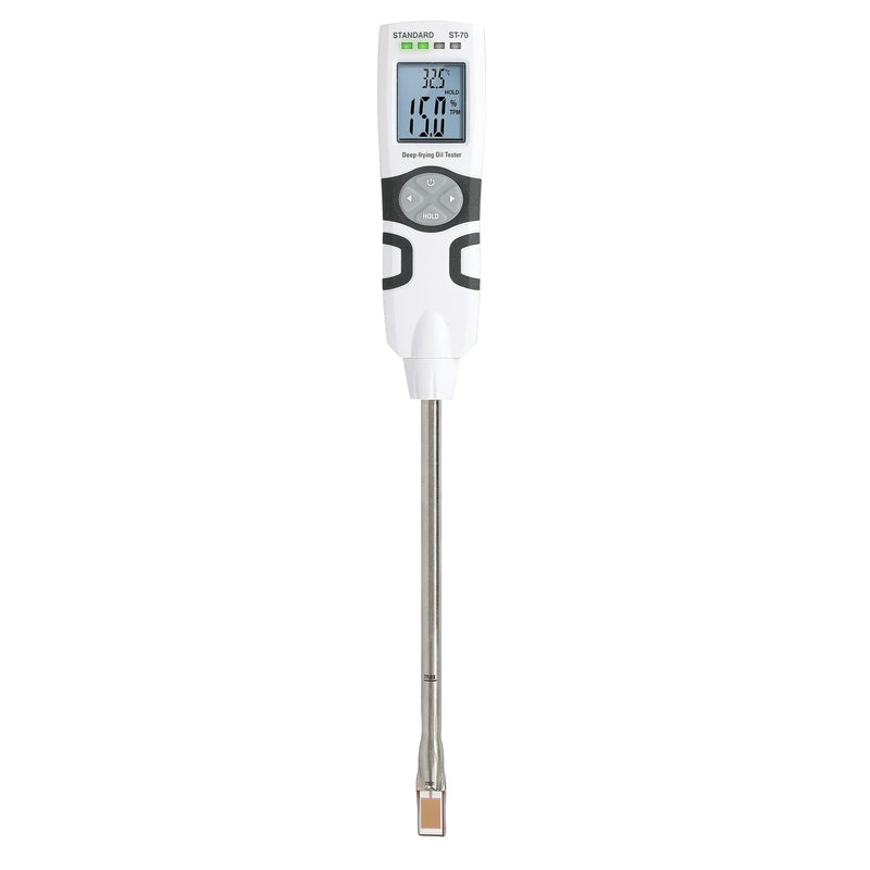 Bios DT136 fryer oil tester, white handheld unit with digital display, black grip bands and long stainless steel probe