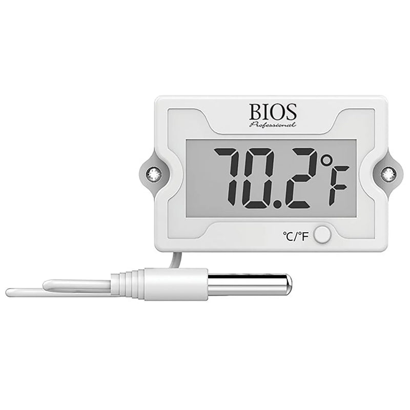 Bios DT157 digital panel mount thermometer, white housing with LCD display and stainless steel probe on cable, front