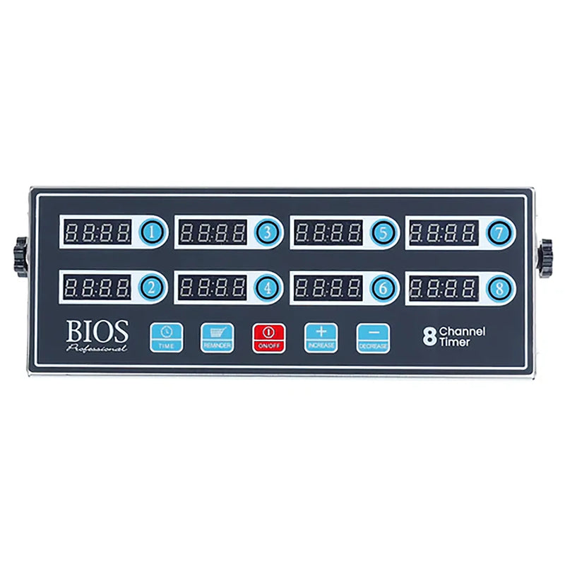 Bios DT208 8-channel timer, dark blue panel with eight digital countdown displays and blue control buttons, front view