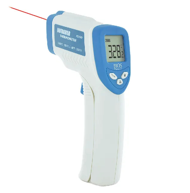 Bios PS199 infrared digital thermometer, white and blue handheld gun with red laser beam and LCD reading, side view