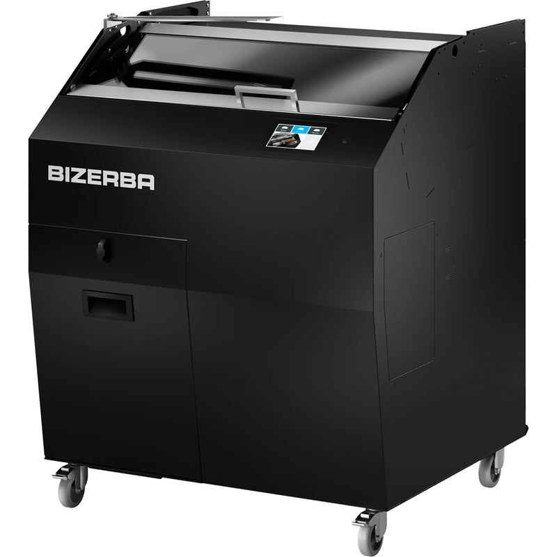 Bizerba CSP automatic bread slicer in black with top loading hopper and locking caster wheels, angled front view