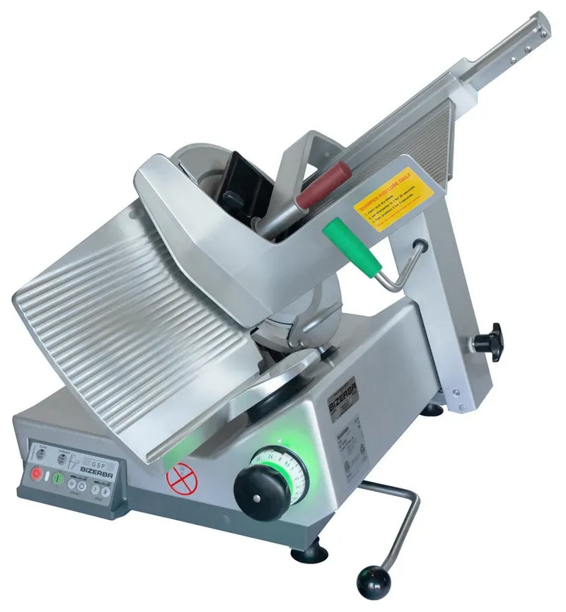 Bizerba GSP HDI-90 automatic illuminated aluminum meat slicer with green-lit knob and 13-inch blade, angled