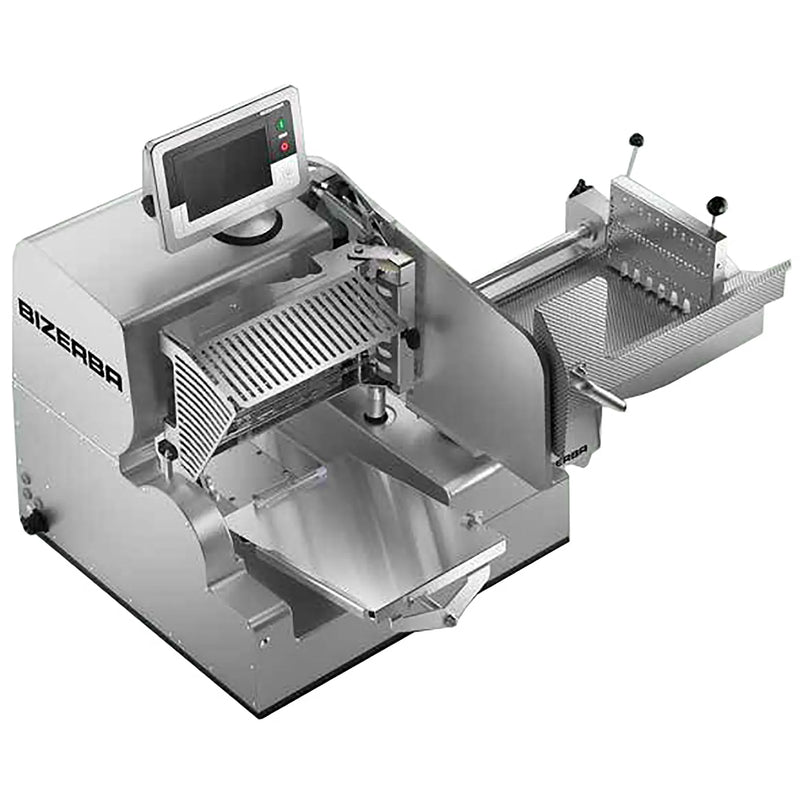 Bizerba VSI 330F DT-400 automatic aluminum meat slicer with product carriage and top display, angled view