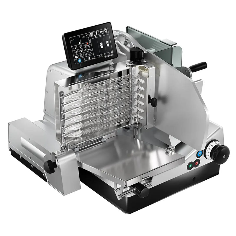 Bizerba VSP F automatic aluminum meat slicer with touchscreen control panel and stacking carriage, angled side view