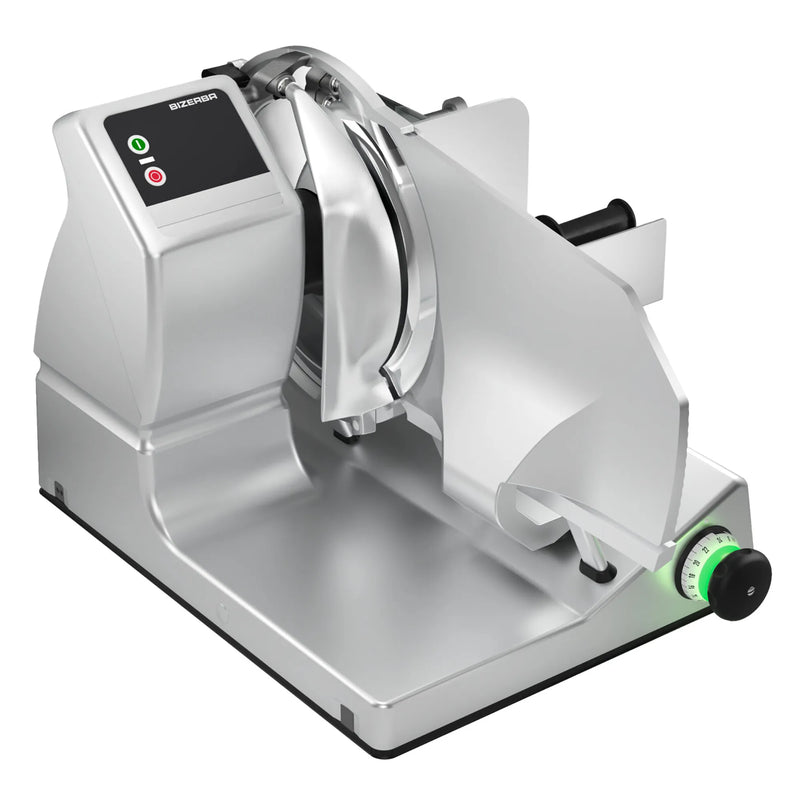 Bizerba VSP manual aluminum meat slicer with 13.75-inch blade, product tray and green-lit controls, angled view