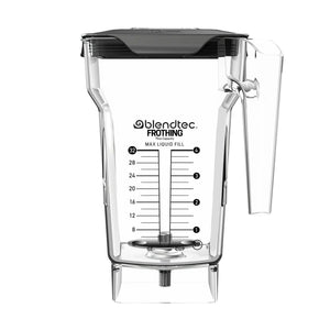 Blendtec 40-611-60 Frothing jar, 32 oz clear plastic container with black lid, handle, and measurement markings