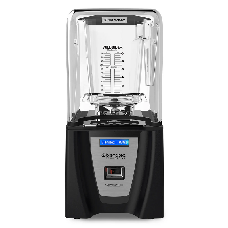 Blendtec 825 Connoisseur commercial blender with clear sound enclosure, black base, and digital display, front view