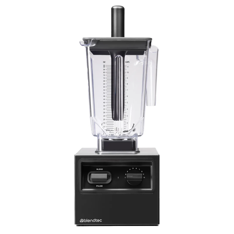 Blendtec Chef Blender with variable speed, black base with clear 96 oz jar, lid, and tamper inserted, front view