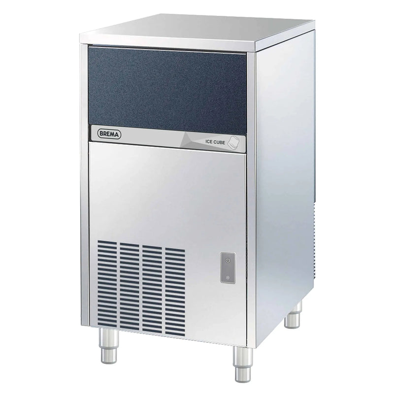 Brema CB425A-HC-AWS under counter cube ice machine, stainless steel cabinet with dark blue door panel, front angle view