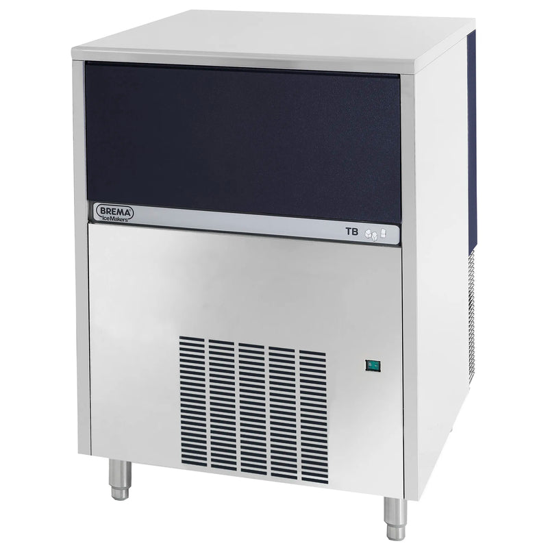 Brema TB1404A-HC pebble ice machine, stainless steel self-contained cabinet with dark front panel on legs, front angle