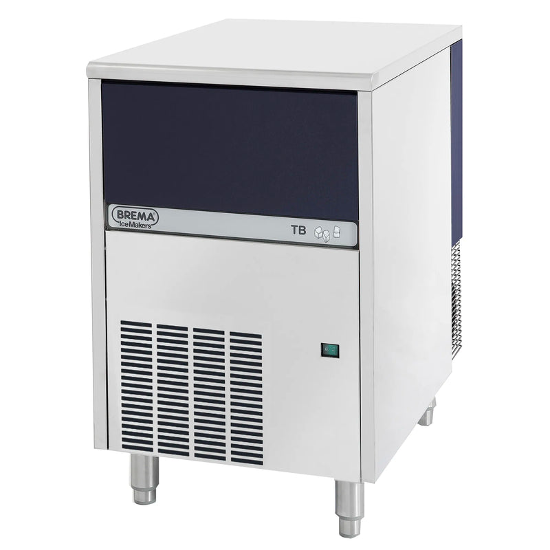 Brema TB852A-HC pebble ice machine in stainless steel with dark front panel and louvered lower grille, angled view