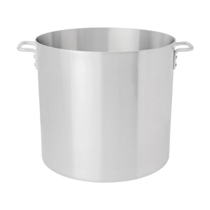 Browne aluminum stock pot with natural finish and riveted loop handles, tall straight sides, front view