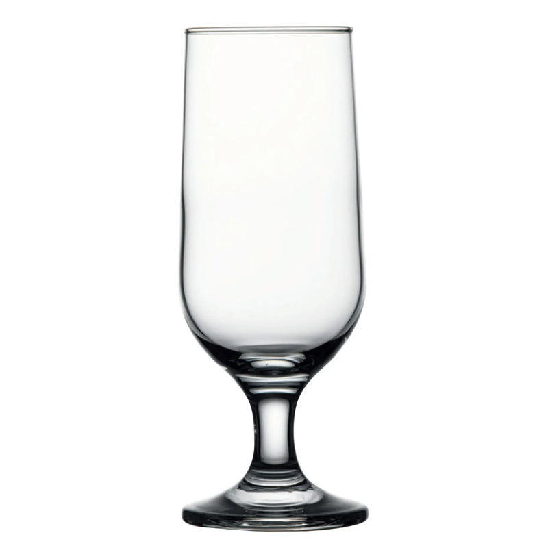 Browne CAPRI 12 oz clear footed beer glass with tall tapered bowl and short stem, sold in a pack of 12