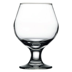 Browne CAPRI clear glass brandy snifter with wide bowl and short stem, sold in a pack of 12, smaller size option