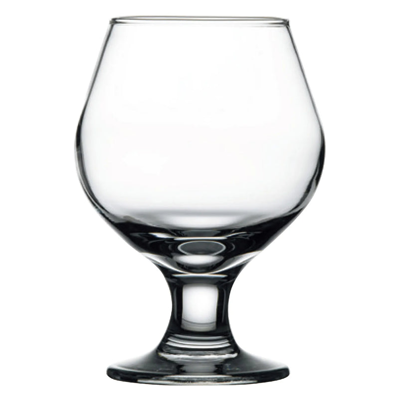 Browne CAPRI clear glass brandy snifter with wide bowl and short stem, sold in a pack of 12, smaller size option