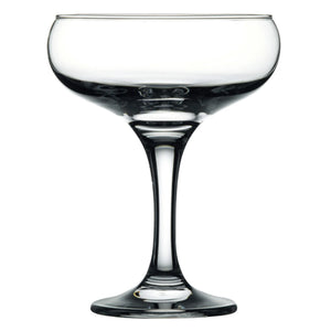 Browne CAPRI 9 oz clear glass coupe with wide shallow bowl and slim stem on round foot, sold in a pack of 12