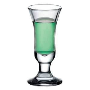 Browne CAPRI 1 oz clear footed shot glass with flared rim, shown filled with green liqueur, pack of 12